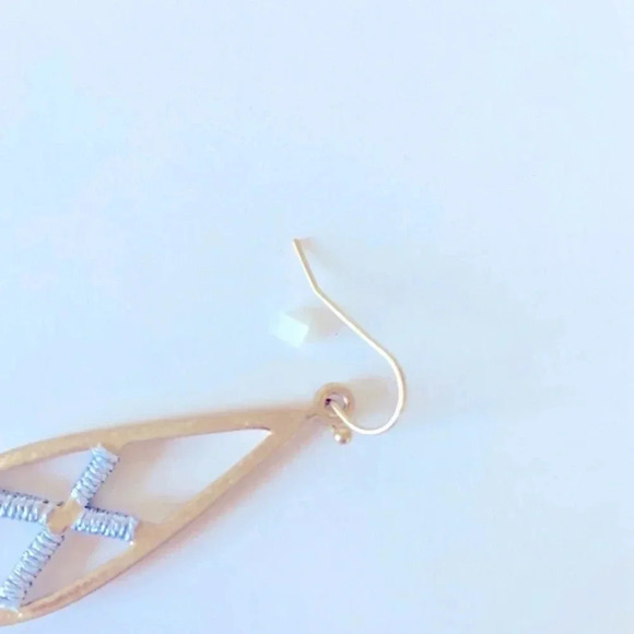 Marlyn Schiff Gold Tone Elongated Teardrop Earring with Silver Accents - Picture 3 of 3